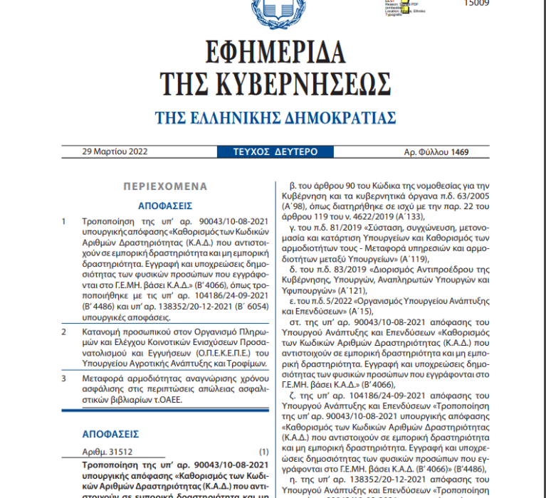 Τροποποίηση της υπ’ αρ. 90043/10-08-2021 υπουργικής απόφασης «Καθορισμός των Κωδικών Αριθμών Δραστηριότητας (Κ.Α.Δ.) που αντιστοιχούν σε εμπορική δραστηριότητα και μη εμπορική δραστηριότητα. Εγγραφή και υποχρεώσεις δημοσιότητας των φυσικών προσώπων που εγγράφονται στο Γ.Ε.ΜΗ. βάσει Κ.Α.Δ.» (Β’ 4066), όπως τροποποιήθηκε με τις υπ’ αρ. 104186/24-09-2021 (Β’ 4486) και υπ’ αρ. 138352/20-12-2021 (Β΄ 6054) υπουργικές αποφάσεις.