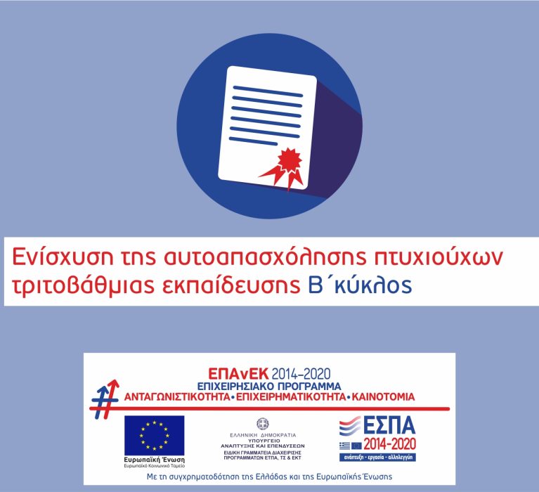 ΕΣΠΑ 2014-2020: 6η τροποποίηση της Απόφασης Ένταξης Πράξεων Κρατικών Ενισχύσεων στο πλαίσιο της Πρόσκλησης «Ενίσχυση της Αυτοαπασχόλησης Πτυχιούχων Τριτοβάθμιας Εκπαίδευσης (Β Κύκλος)