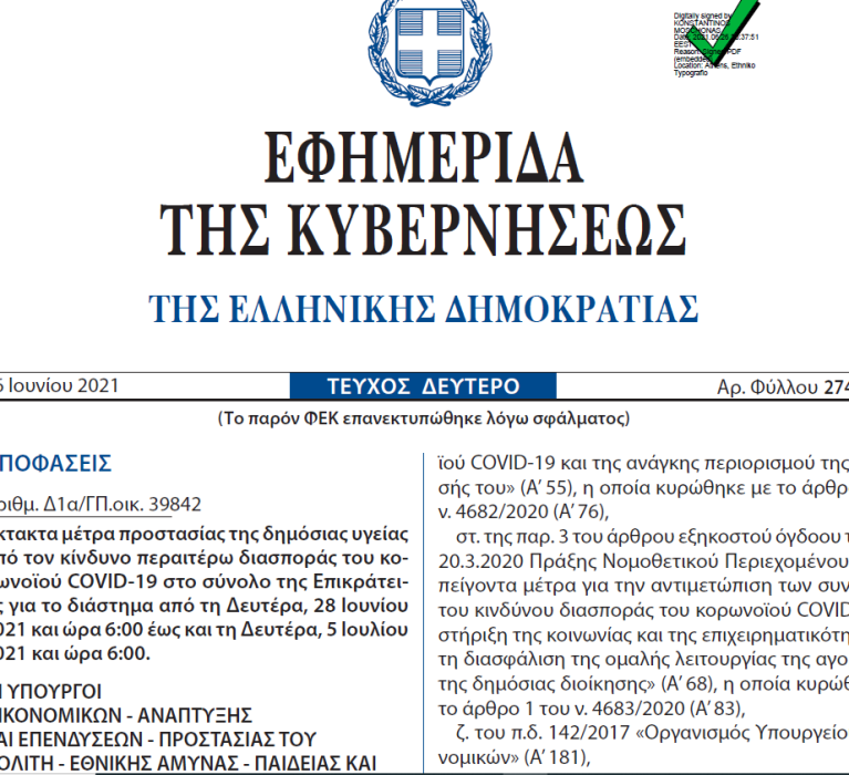 Έκτακτα μέτρα προστασίας της δημόσιας υγείας από τον κίνδυνο περαιτέρω διασποράς του κορωνοϊού COVID-19 στο σύνολο της Επικράτειας για το διάστημα από τη Δευτέρα, 28 Ιουνίου2021 και ώρα 6:00 έως και τη Δευτέρα, 5 Ιουλίου2021 και ώρα 6:00