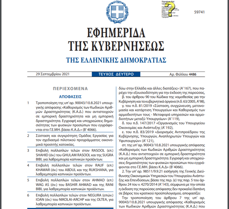 Tροποποίηση της υπ’ αρ. 90043/10.8.2021 υπουργικής απόφασης «Καθορισμός των Κωδικών Αριθμών Δραστηριότητας (Κ.Α.Δ.) που αντιστοιχούν σε εμπορική δραστηριότητα και μη εμπορική δραστηριότητα. Εγγραφή και υποχρεώσεις δημοσιότητας των φυσικών προσώπων που εγγράφονται στο Γ.Ε.ΜΗ. βάσει Κ.Α.Δ.»