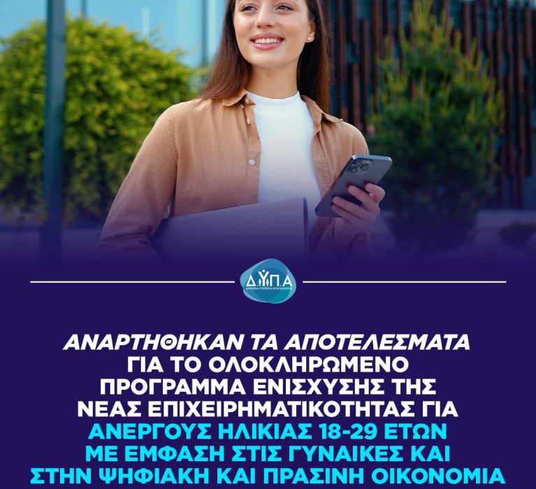 Αποτελέσματα αξιολόγησης των αιτήσεων για το «Ολοκληρωμένο Πρόγραμμα ενίσχυσης της νέας επιχειρηματικότητας για ανέργους 18-29 ετών»